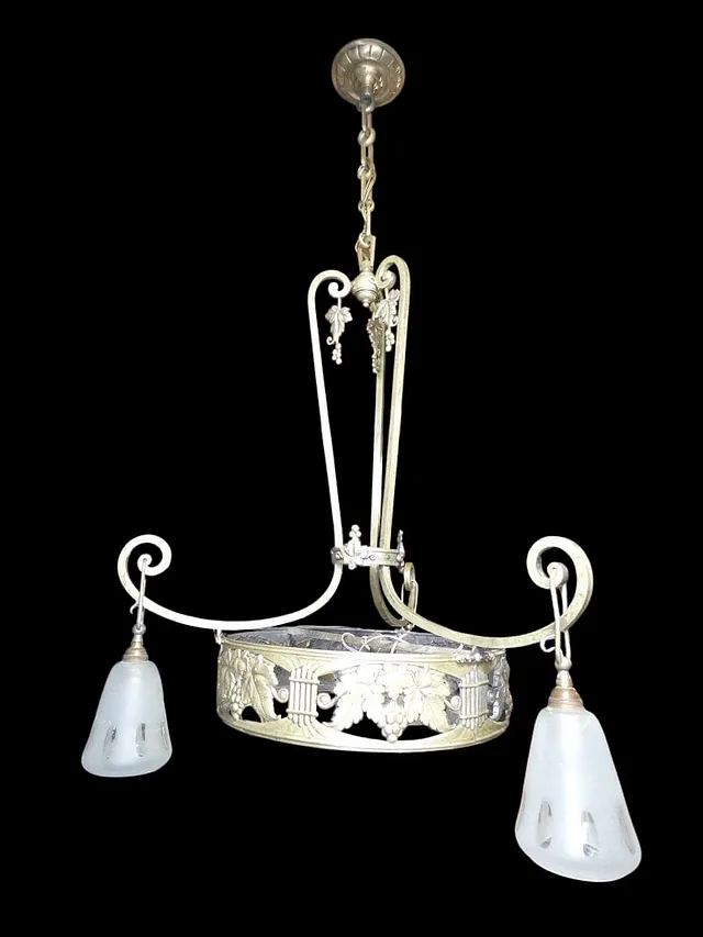 Lustre Art Nouveau laiton et bronze à 3 tulipes